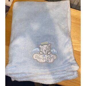 Baby Starters Blue Bless Our Baby Blanket Nursery Swaddle 29” X 26” Angel Bear